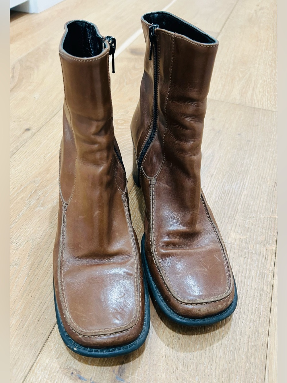 Via Spiga Brown Leather Square-Toe Heeled Boots